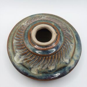 Vintage Studio Bay Pottery Glazed‎ Squat Vase Rustic Blue Brown Glaze Signed